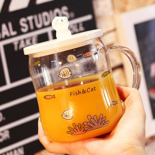 [CÓ SẴN] LY CỐC THỦY TINH UỐNG NƯỚC ĐỂ BÀN DỄ THƯƠNG NẮP MÈO CHỦ ĐỀ MÈO VÀ ĐẠI DƯƠNG 450ml