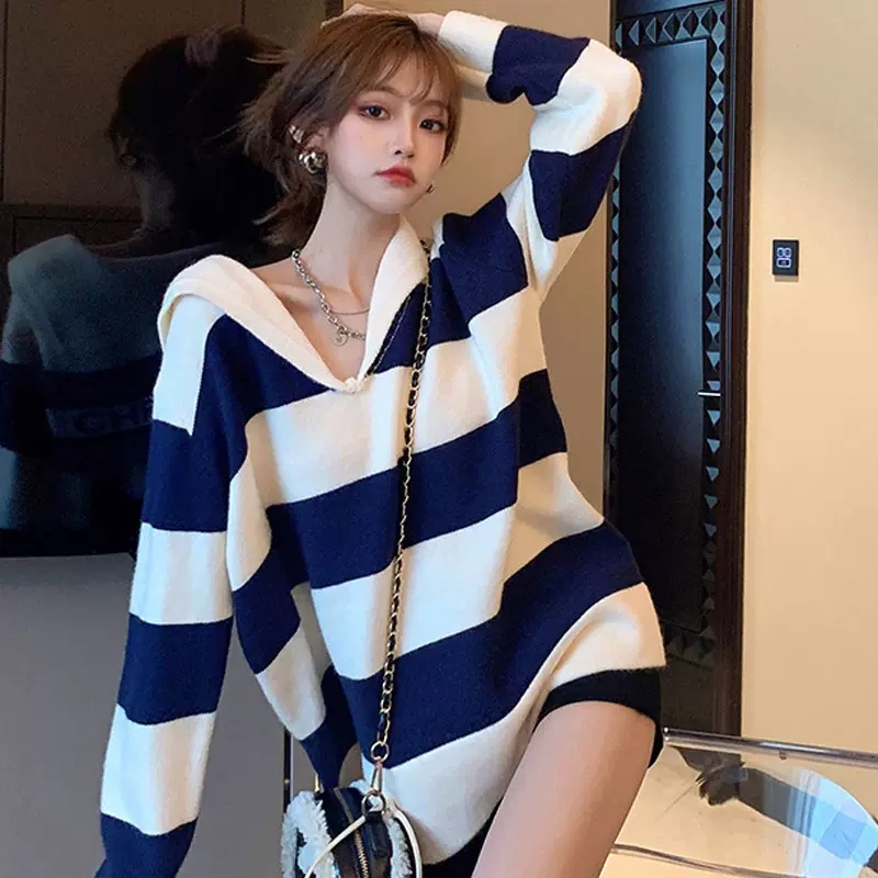 Áo ZHELIHANGFEI dệt kim tay dài cổ thủy thủ dáng rộng dễ phối đồ tùy chọn màu sắc