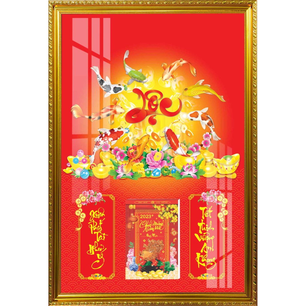 Lịch Gỗ Phù Điêu Khung Vàng Cao Cấp Treo Tường Laminate Tráng Gương 2023 (45 x 65cm) - Thư Pháp Chữ Lộc