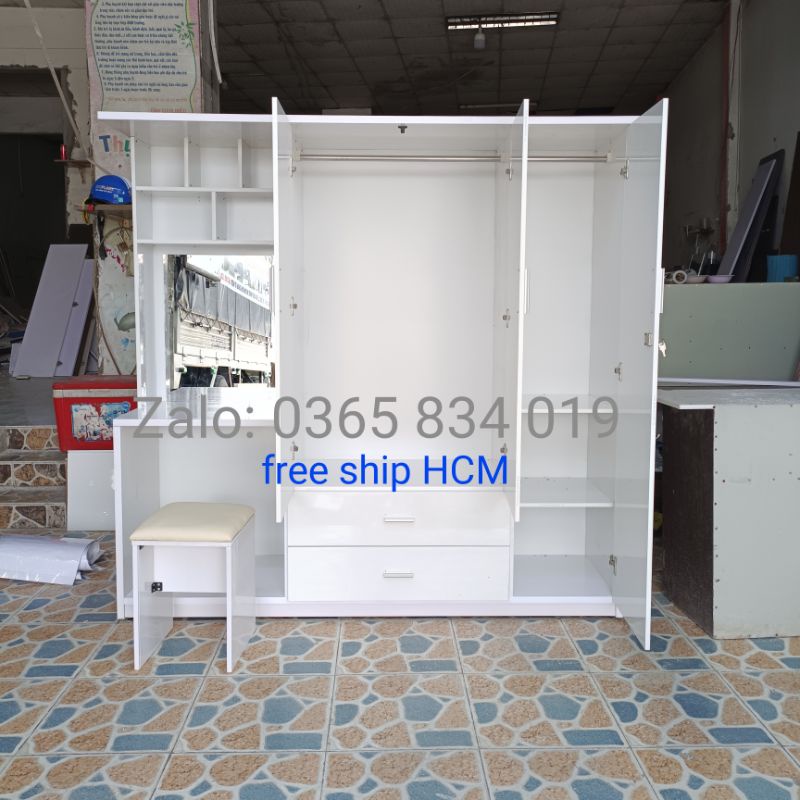 Tủ quần áo nhựa đài loan liền bàn trang điểm ngang 1m85 cao 1m8 tặng kèm ghế nệm có lõi gỗ ở bản lề