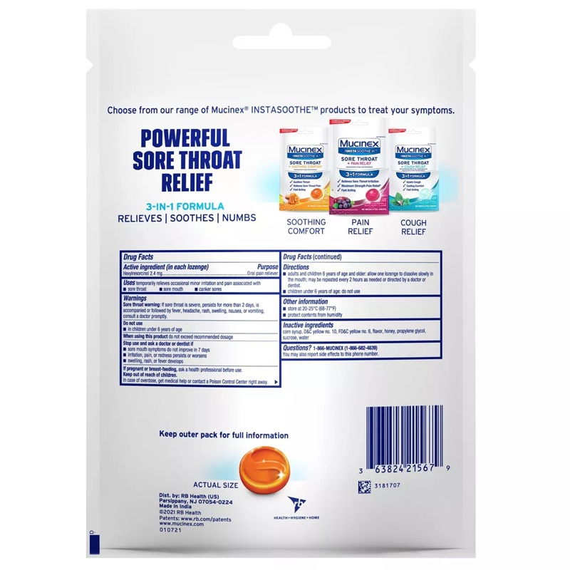 Kẹo ngậm Mucinex Instasoothe Sore Throat - nhiều vị, 40 viên