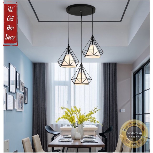 ĐÈN CHÙM 3 ĐÈN KIM CƯƠNG ĐẾ TO, ĐÈN THẢ T060 BÀN ĂN PHÒNG KHÁCH KÈM BÓNĐE