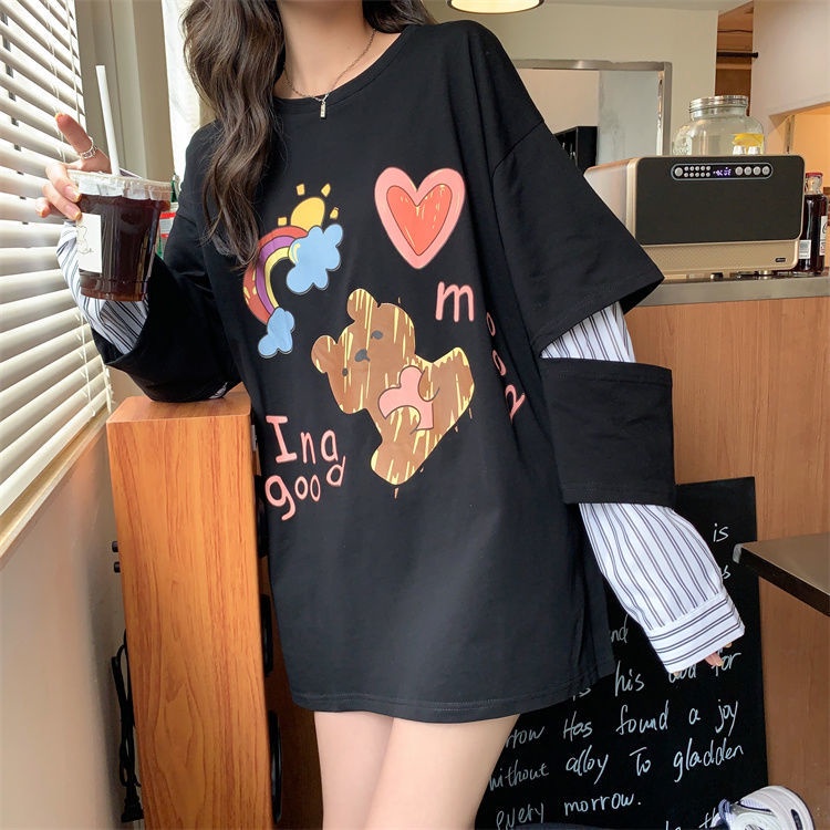 Áo thun tay dài giả hai lớp dáng rộng họa tiết kẻ sọc phong cách Hàn Quốc thời trang mới cho nữ