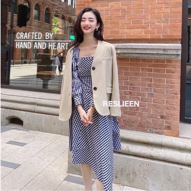 Váy kẻ caro đen trắng dáng dài, đầm LIZA sọc caro nữ tính cổ vuông nữ tặng random phụ kiện