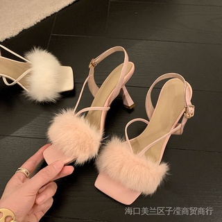 New stock ins for Jumei to keep! Cherry blossom powder rabbit hair niche fairy open-toed square toe sandals with straight button thin heels and high heels