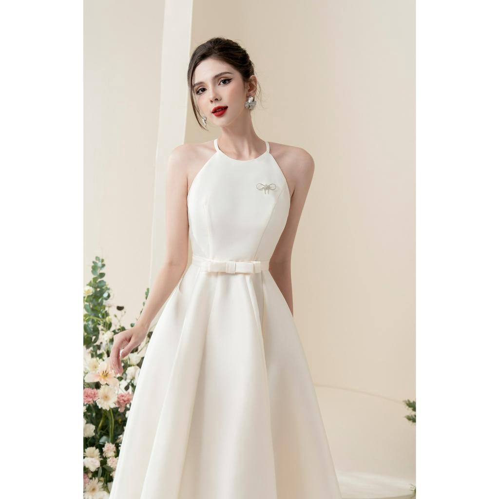 Váy cổ yếm nơ đá đai nơ eo TIINSTORE V0D827