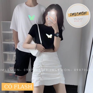 Áo Thun Phản Quang nam nữ tay lỡ MIDNIGHT BUTTERFLY Croptop và Áo Thun Form Rộng