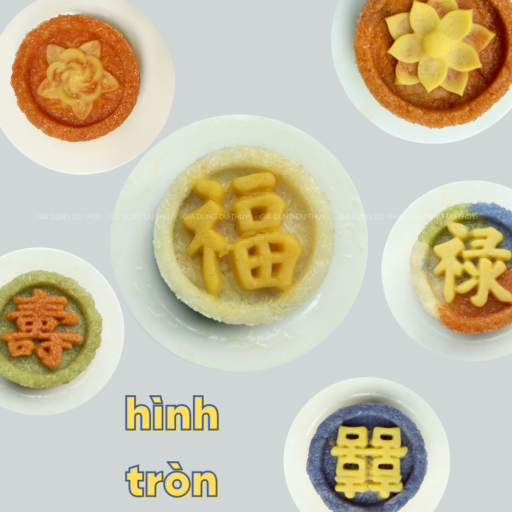 Khuôn nhận xôi hình tròn, hình trái tim, hình vuông, hình hoa mai có chữ Phước, Lộc, Thọ, Hỷ, hoa hồng, hoa sen