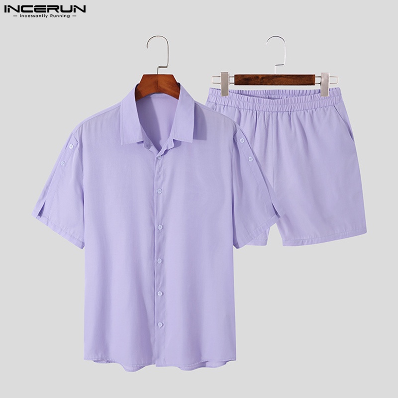 INCERUN Bộ Áo Sơ Mi Ngắn Tay+Quần Short 3 Màu Thời Trang Mùa Hè Cho Nam