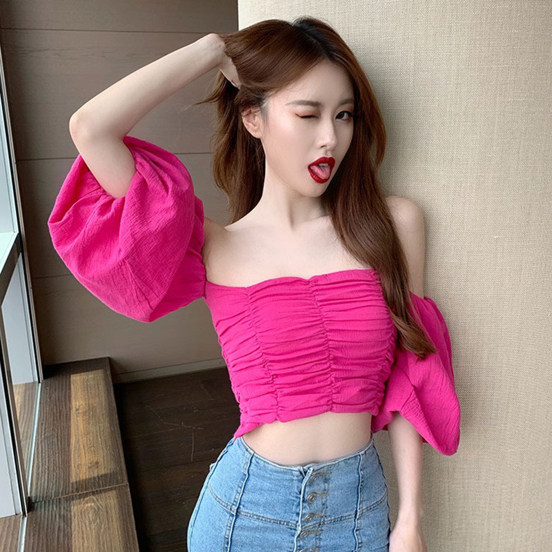 Áo Croptop Trễ Vai Tay Ngắn Dáng Ôm Màu Sắc Trơn Phong Cách Hàn Quốc Thời Trang Cho Nữ