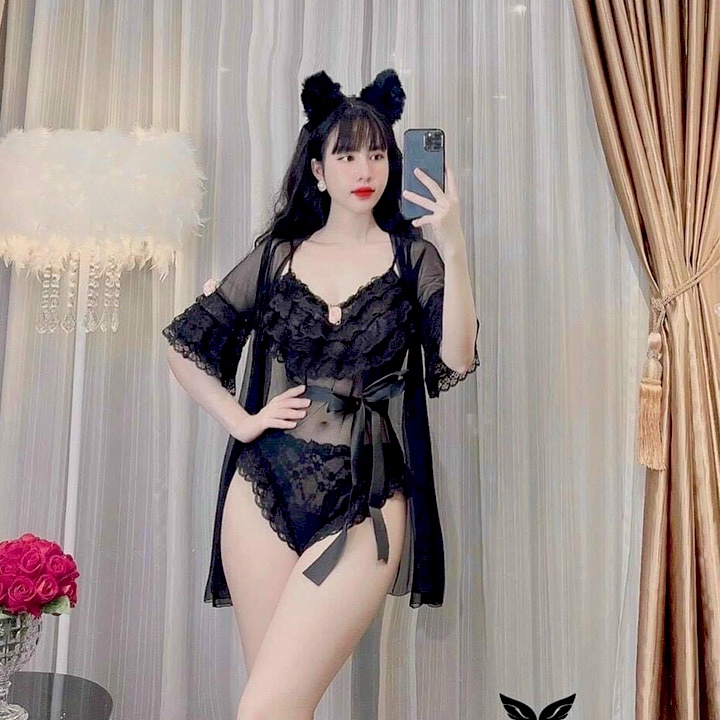 Set váy ngủ sexy cao cấp bodysuit hoa kèm áo choàng bèo đính hoa quyến rũ BT001