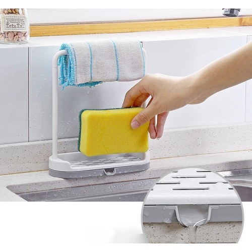 Khay đựng xà phòng kèm giá treo khăn có lỗ thoát nước - Giá đỡ đồ rửa chén có thanh treo khăn