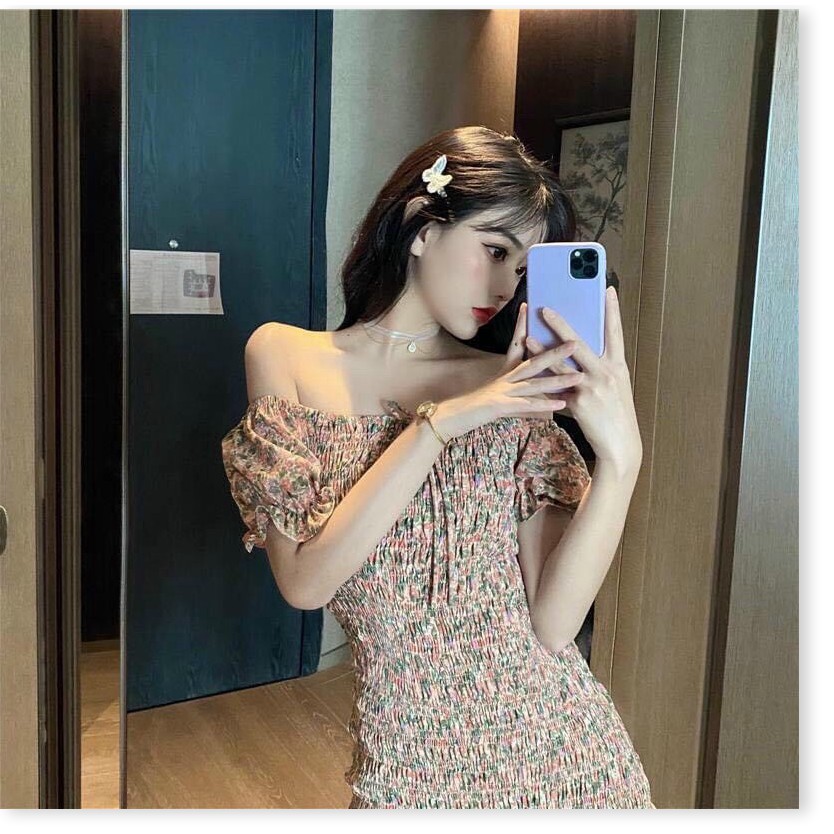 Đầm tiểu thư hoa nhí trễ vai tay ngắn, ôm body, đuôi xòe mặc đi chơi, đi tiệc bao xinh, chất vải đầy đặn