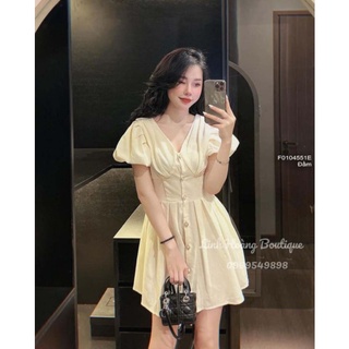 Đầm xòe đũi xước cổ tim phối nút tay phồng 0104