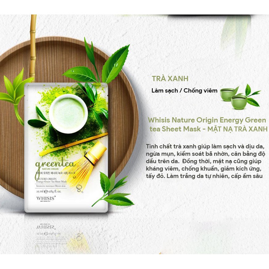 Mặt Nạ Dưỡng Da Trà Xanh WHISIS Nature Origin Energy Green tea Sheet Mask Giảm Mụn, Giảm Kích Ứng Da 25ml