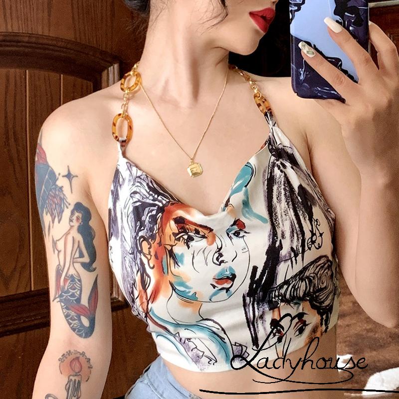 Áo Croptop Cổ Yếm Cột Dây In Họa Tiết Nhân Vật Thời Trang Mùa Hè Cho Nữ