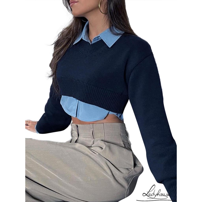 Áo Croptop Dệt Kim Cổ Chữ V Tay Dài Lồng Đèn Màu Sắc Đơn Giản Dành Cho Nữ