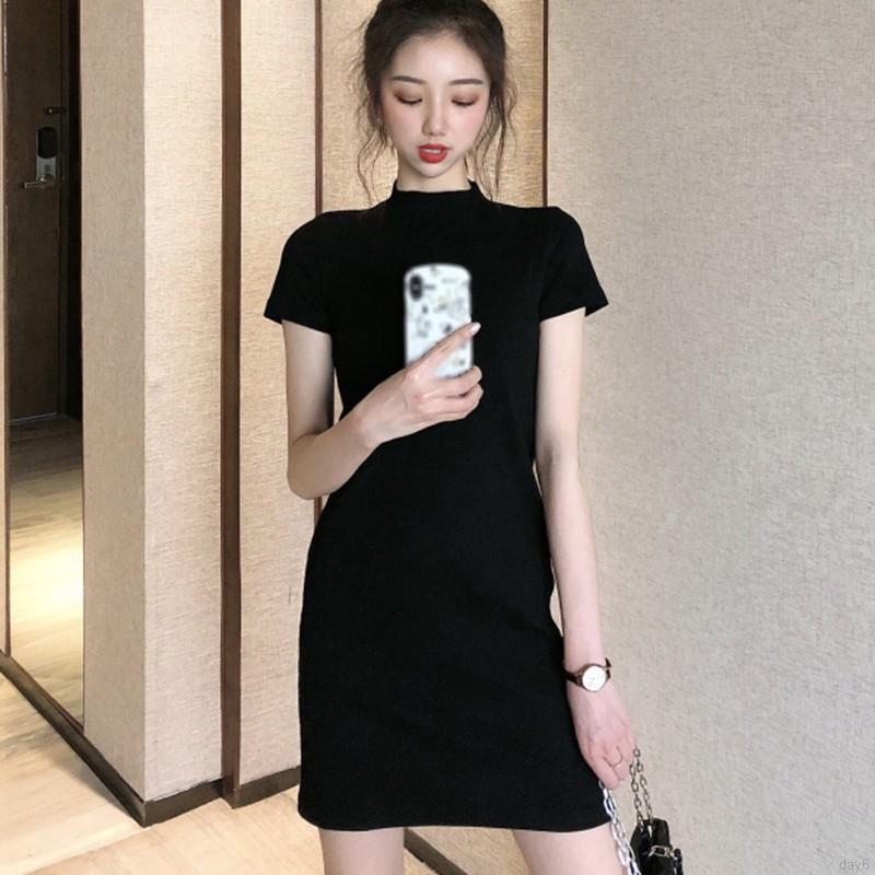 Đầm Tay Ngắn Cổ Tròn Màu Trơn Thiết Kế Đơn Giản Phong Cách Hàn Quốc