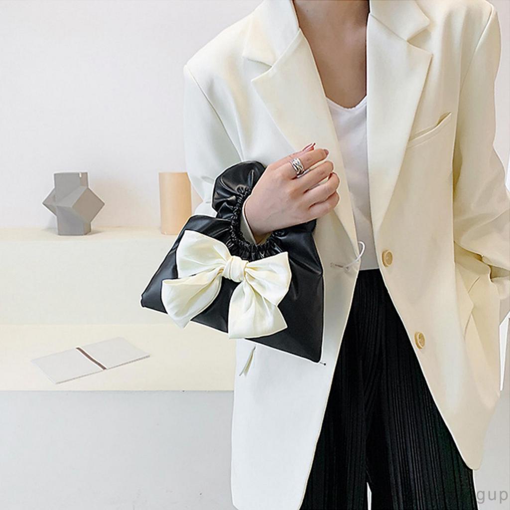 DRE-Women Elastic Rubber Band Handbag, Ruched Tote Bag with Bow Knot Decor, White/ Black