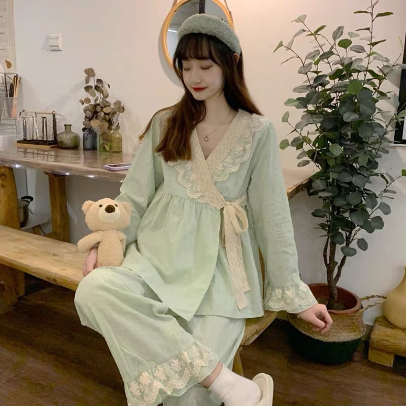 Bộ ngủ pijama, bộ đồ mặc nhà dài tay cổ V phối ren phong cách tiểu thư Hàn Quốc