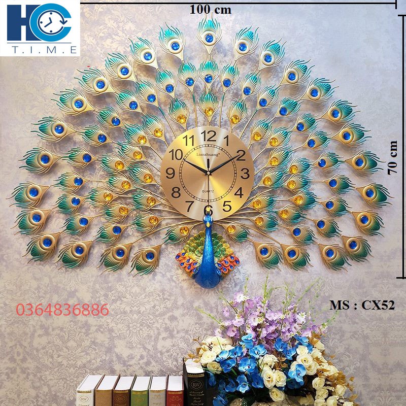 Đồng hồ treo tường trang trí chim công decor CX52 kích thước 100x70 cm
