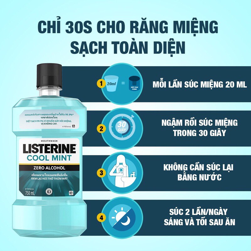 Nước súc miệng không cay giúp hơi thở thơm mát Listerine Cool Mint Zero 750ml