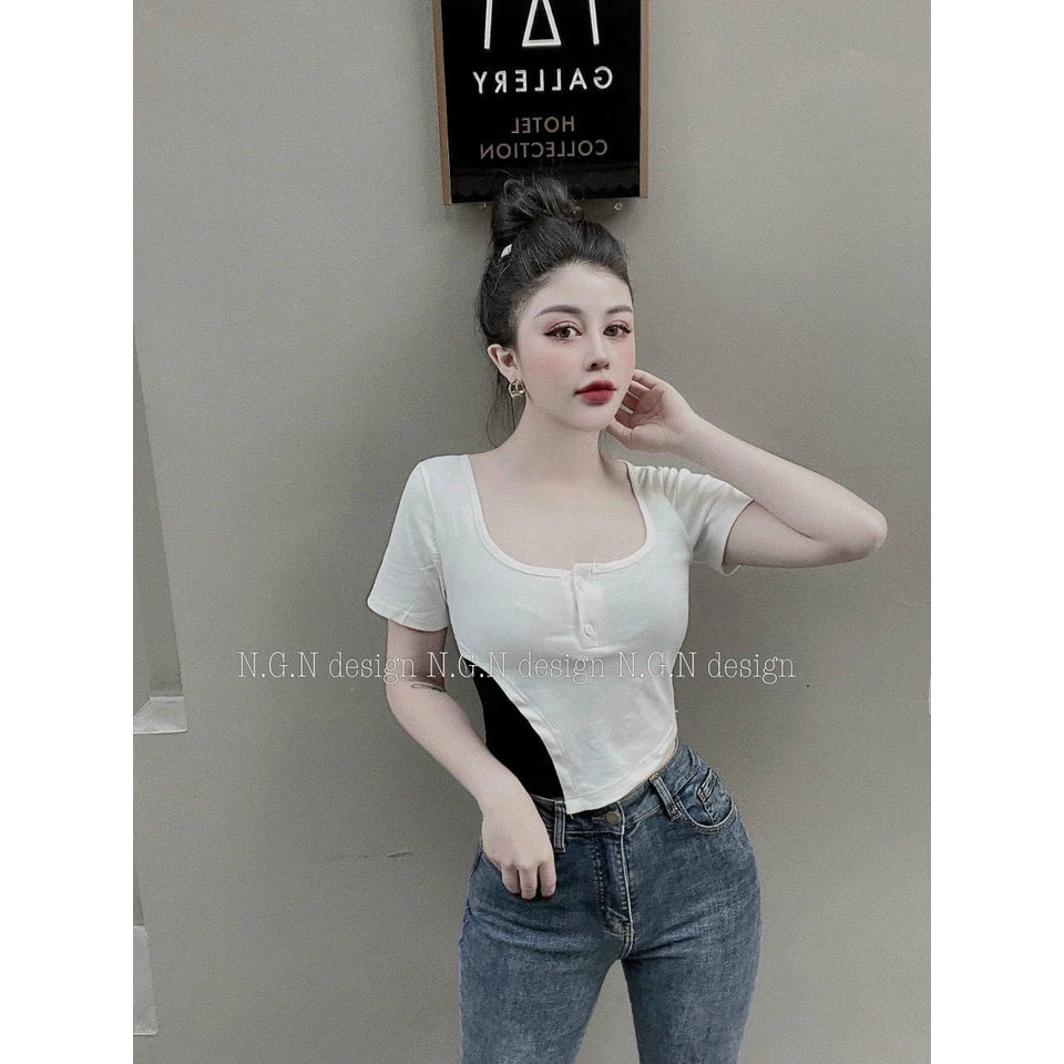 ÁO phông cổ vuông pha màu(kèm ảnh thật)