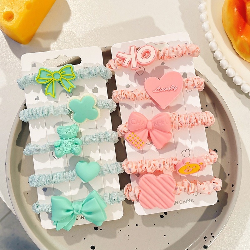Set 5 Dây Buộc Tóc Cao Su Họa Tiết Hoạt Hình Phong Cách Hàn Quốc Đáng Yêu Cho Bé