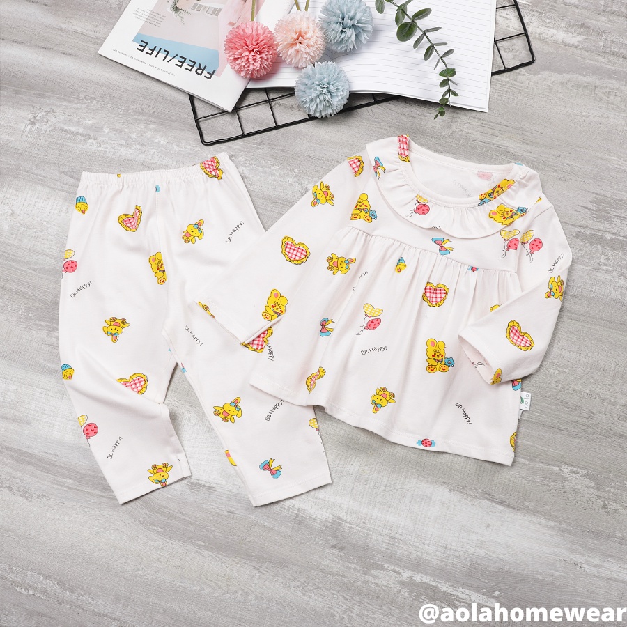 Bộ dài tay bé gái thun cotton mặc ngủ áo babydoll, pijama bé gái cổ bèo họa tiết hoa nhí kỳ lân Áo Lá Homewear A001
