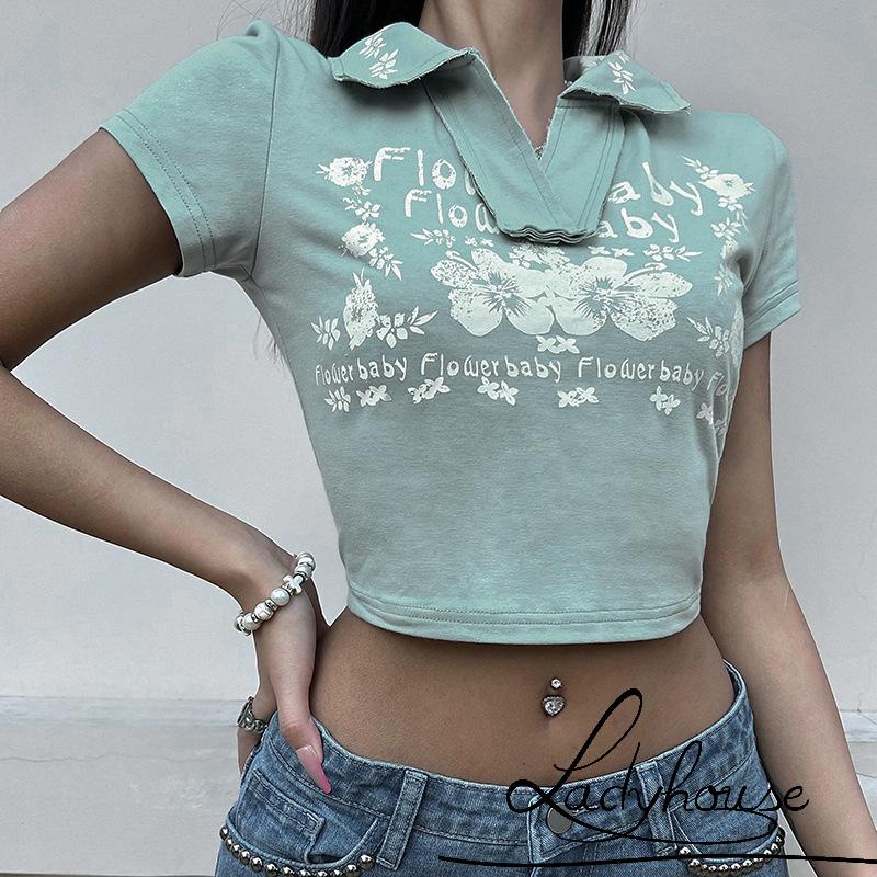 Áo Thun Crop Top Tay Ngắn Dáng Ôm In Chữ/ Hoa Phong Cách Harajuku Cổ Điển Thời Trang Mùa Hè Cho Nữ Y2K