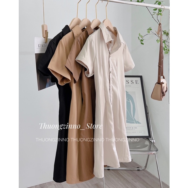 [Ảnh thật/Video]Váy sơ mi cộc tay cổ đức thiết kế cúc gỗ siêu Hàn Quốc Đầm sơ mi dáng ngắn dễ mặc