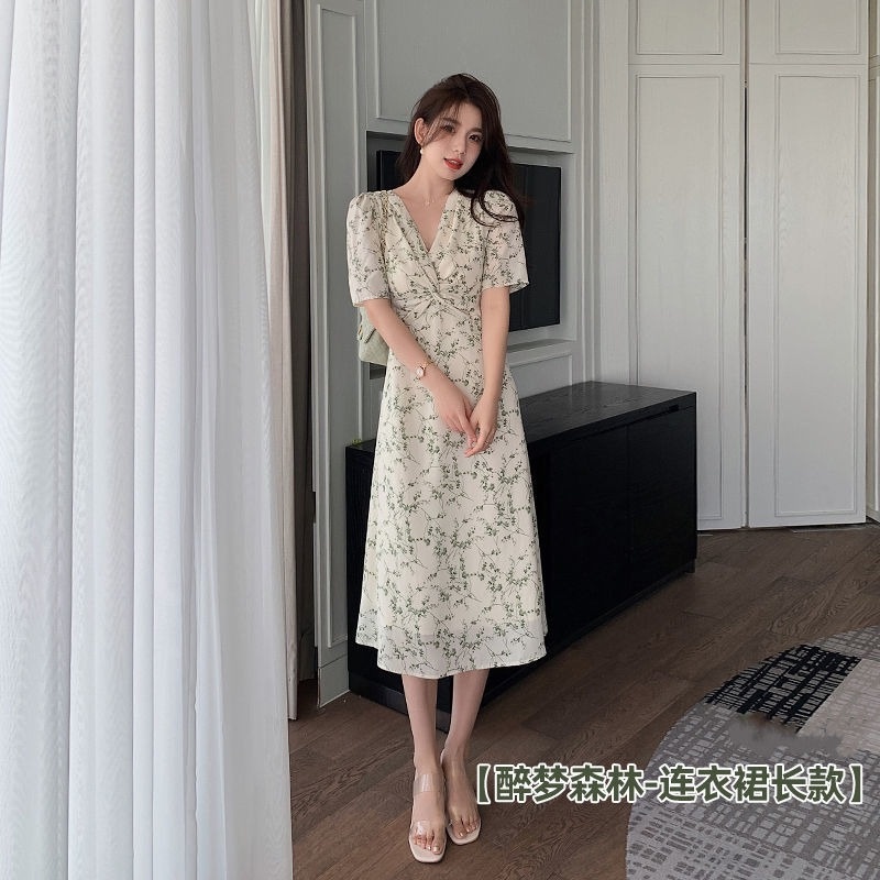 Đầm Chiffon Tay Ngắn Cổ Chữ V In Họa Tiết Hoa Màu Xanh Lá Phong Cách Pháp Hàng Mới Dành Cho Bạn Nữ