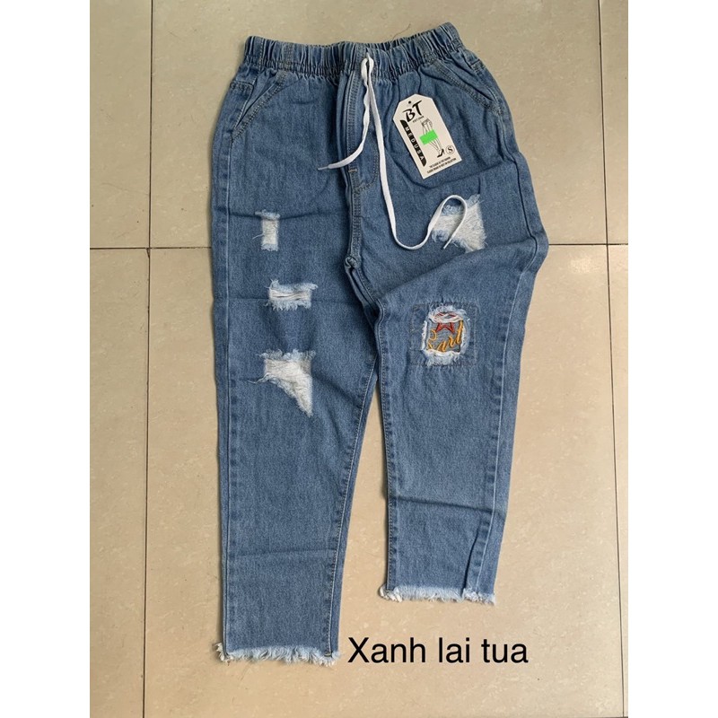 Quần jean baggy quần bò cạp cao lưng thun chất cotton không co dãn màu xanh rách thêu chữ