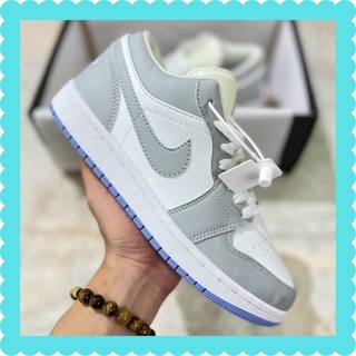 Giày Jordan cổ thấp màu xám nhạt đế xanh dương, Giày Jordan 1 low màu xám trắng đế xanh ngọc bản đẹp full box bill