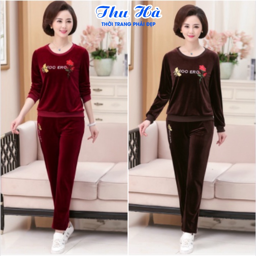 Đồ bộ trung niên mặc nhà Thu Hà quần áo thu đông cho mẹ chất liệu Nhung Tuyết ấm áp form vừa xinh ĐBH.20