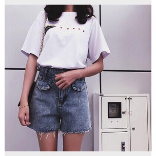 Quần short jean cạp cao nắp túi