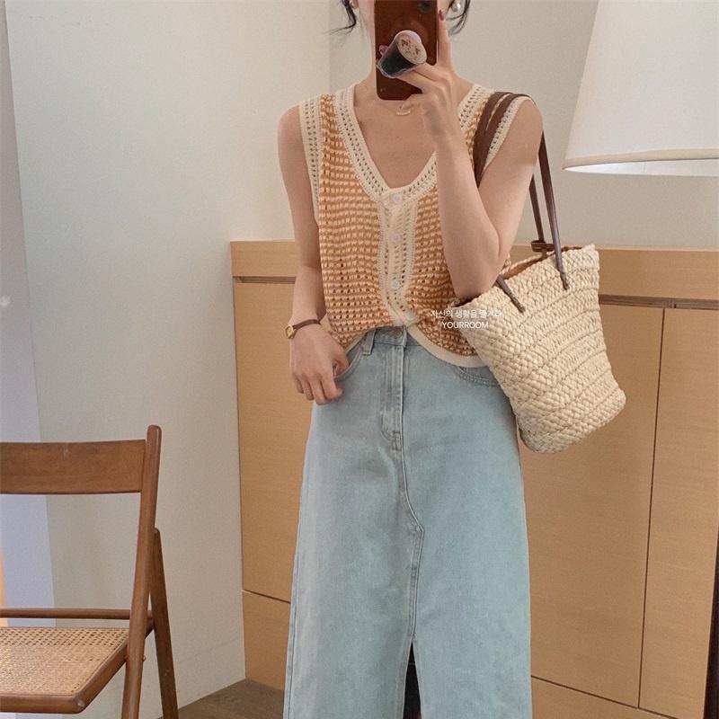 NZN Áo Dệt Kim Nữ Sát Nách Cổ Chữ V Phong Cách Retro Hàn Quốc Hiện Có 4 Màu