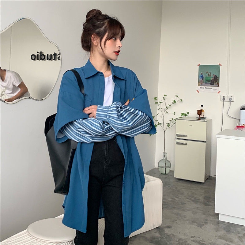 Áo Sơ Mi Tay Dài Dáng Rộng Giả Hai Lớp Họa Tiết Kẻ Sọc Phong Cách Hàn Quốc Thời Trang 2022 Cho Nữ