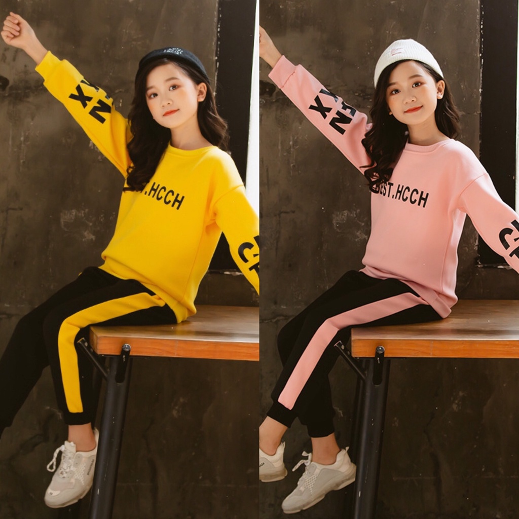 Bộ quần áo nỉ thu đông &quot;B.EST. HC&quot; 14-45kg cho bé gái 4-14 tuổi. Vải da cá dày dặn. Hàng may kỹ. G37