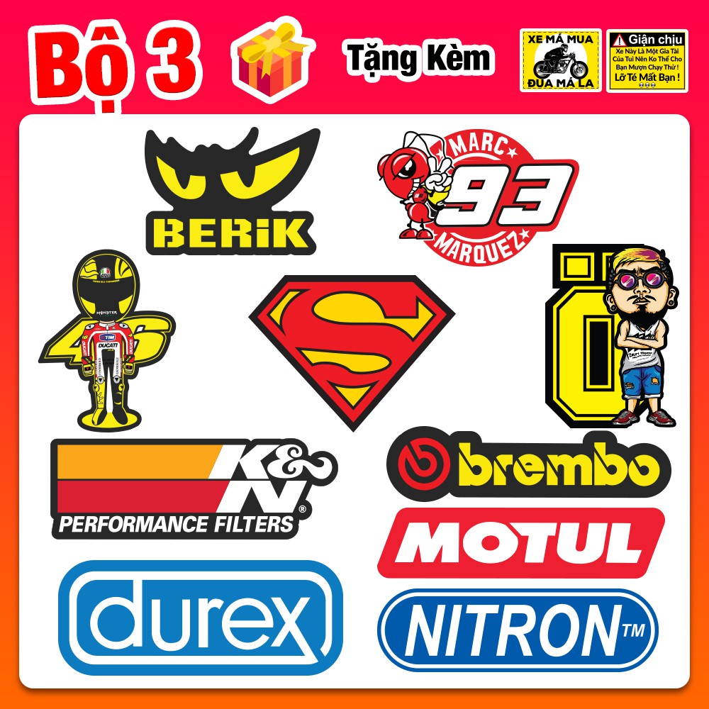 Bộ 10 Tem Dán Xe Máy Ohlins Liqui Moly HRC Umaracing Monster Tem Mắt - Decal Dán Xe Máy