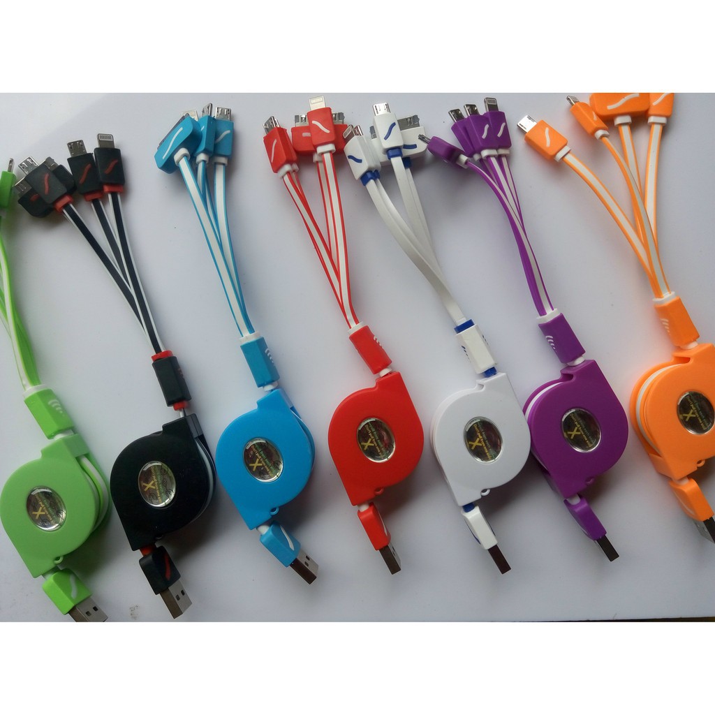 Cáp sạc dây rút 4 đầu dài 1m xạc đa năng nhiều màu dùng trên ô tô hoặc cho điện thoại máy tính bảng