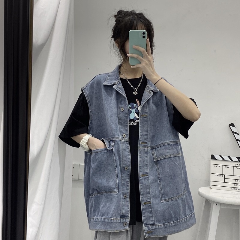 Áo Khoác Denim Không Tay Dáng Rộng Phong Cách Thời Trang Đường Phố Cho Nữ