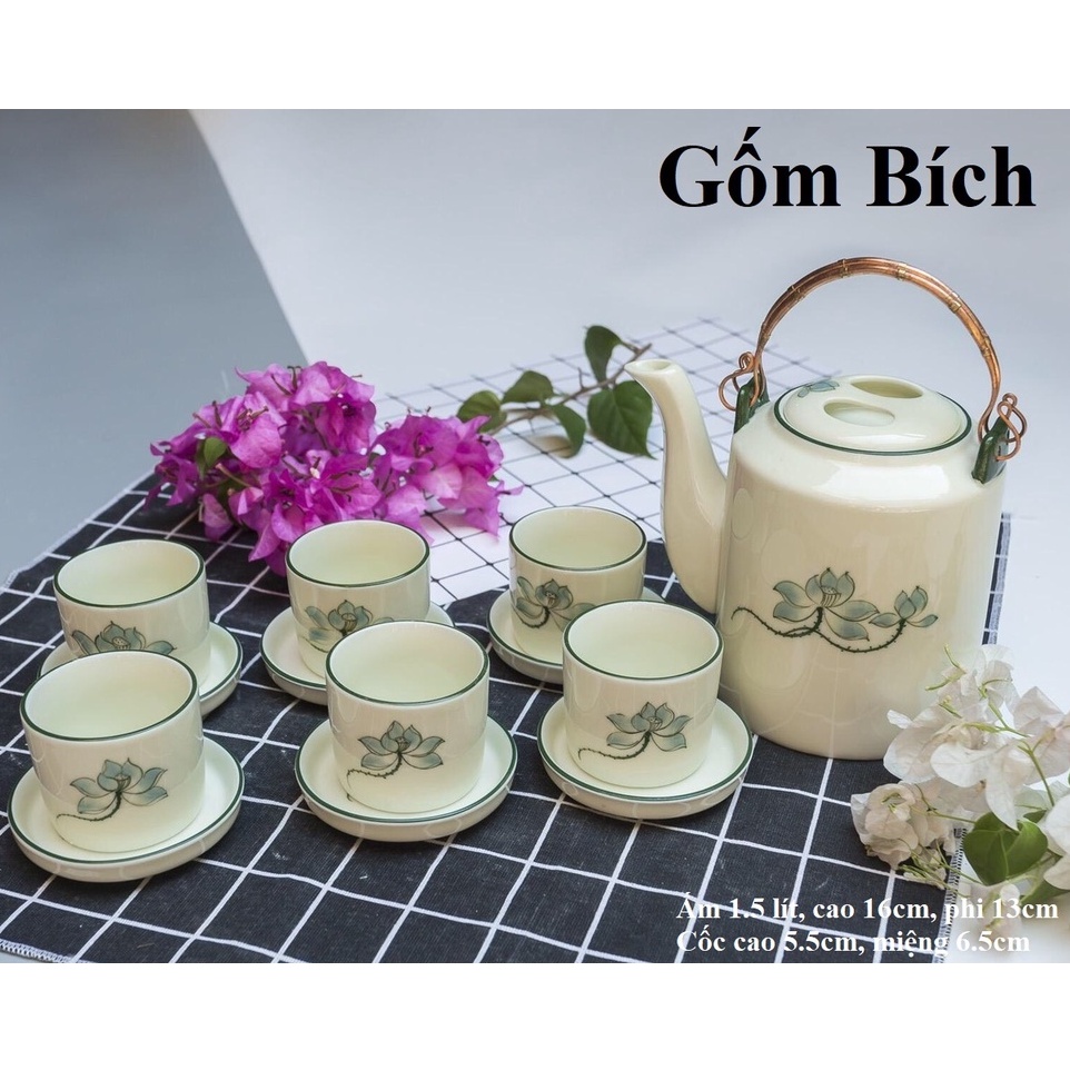 Bộ Ấm Tích Men Kem Vẽ Hoa - Gốm Sứ bát Tràng