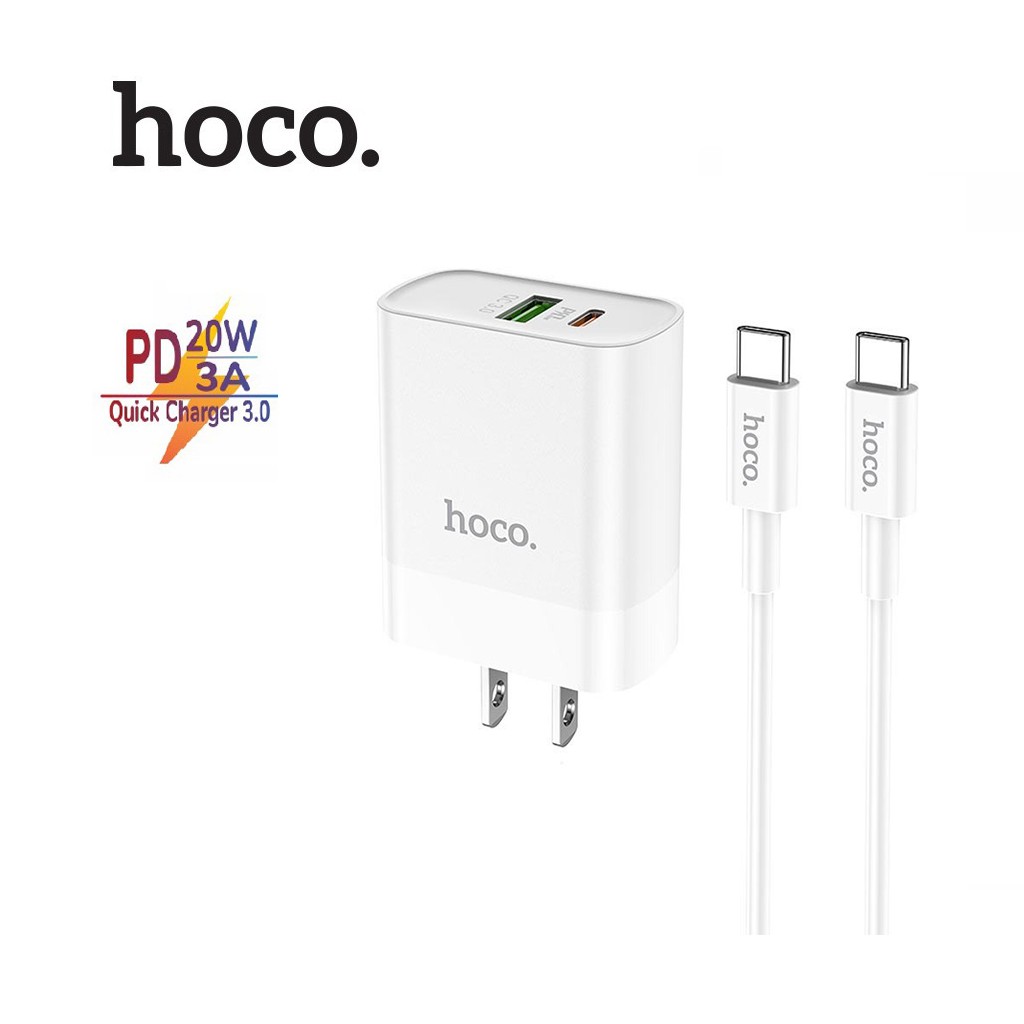 Bộ sạc nhanh PD20W Hoco C80 trang bị cổng Type-C và Usb kèm dây sạc Type-C sang Type-C dài 1M