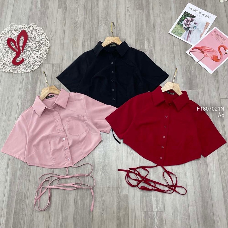 Áo sơ mi croptop cổ bẻ khoét hai eo cột dây kiểu TT1807