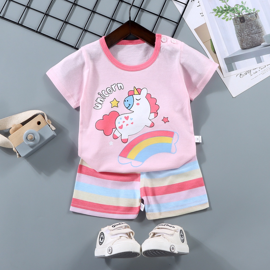 Bộ Áo Thun Tay Ngắn Và Quần Ngắn Bằng Cotton Nguyên Chất Thời Trang Mùa Hè Dành Cho Bé Gái 2177