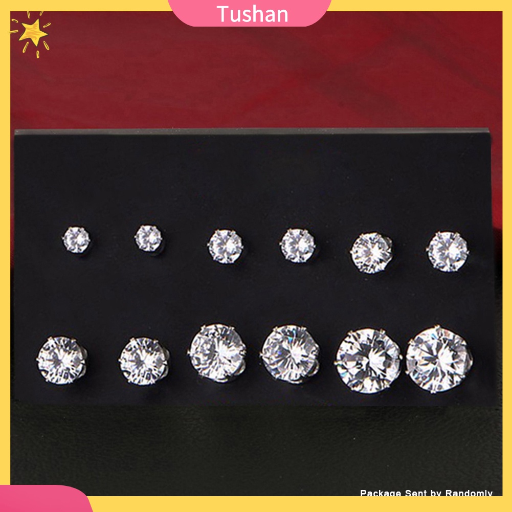 Set 6 đôi khuyên tai dạng nụ đính đá cubic zirconia hình tròn thời trang sang trọng cho nữ