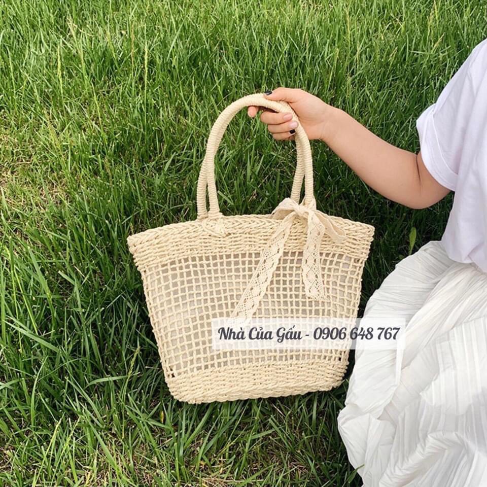 Túi cói lưới vintage cao cấp cầm tay cực chất