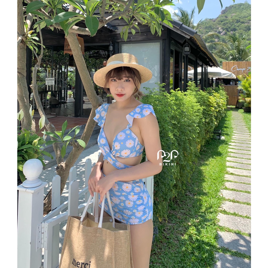 P2P BIKINI - Đồ bơi hai mảnh push up tay bèo, quần lưng cao xanh - BTK360HT_LC