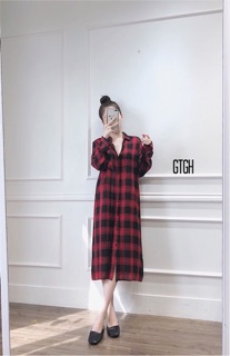 ( Video + Ảnh Thật ) Váy sơ mi kẻ caro dáng dài